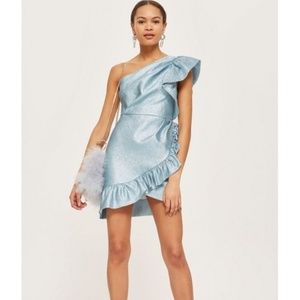 Topshop Blue Metallic One Shoulder Ruffle Dress 12